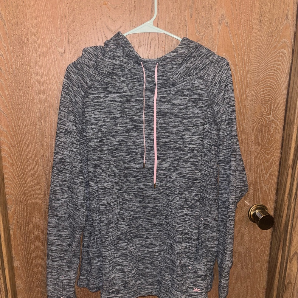 Gray Hooded Sweatshirt with Pink Drawstrings and kangaroo pockets